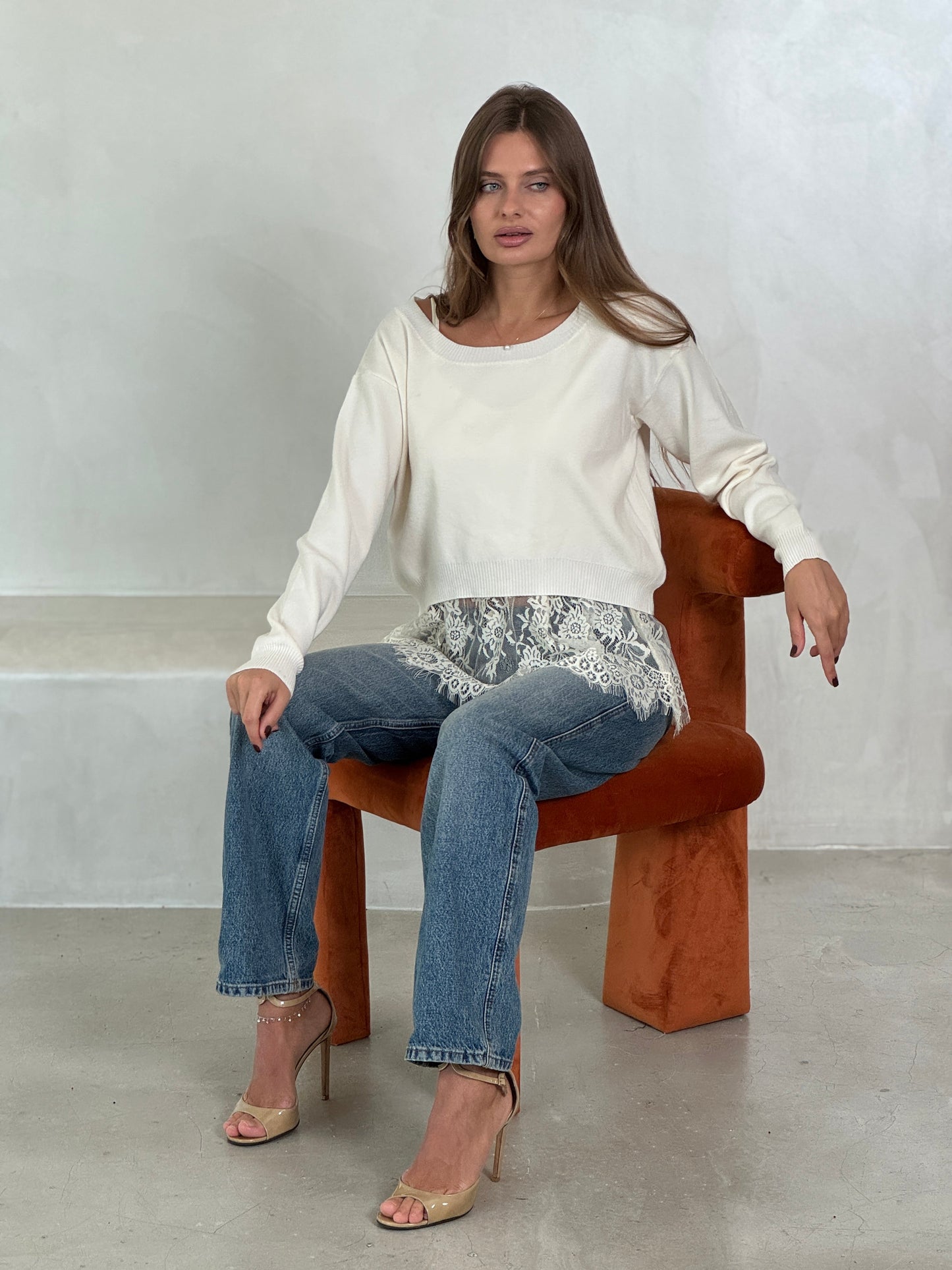 2 - Piece set Knit sweater with lace - trimmed cotton tank top inside - ROXO