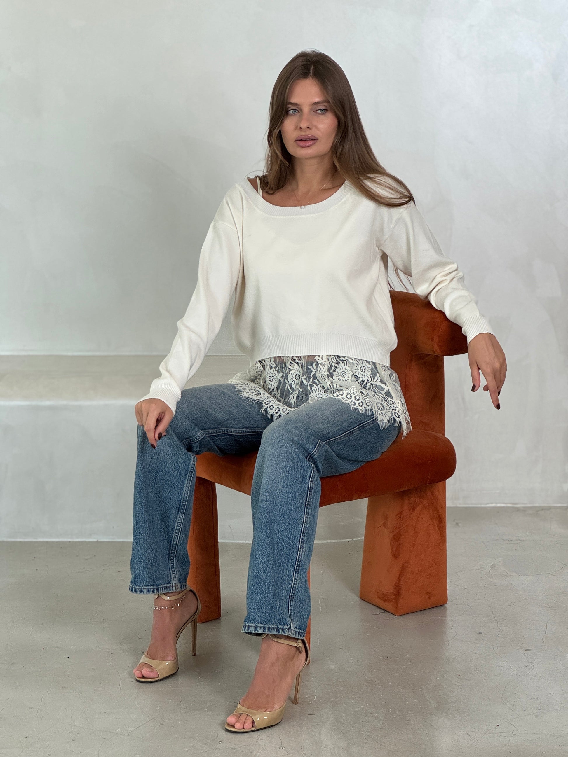 2 - Piece set Knit sweater with lace - trimmed cotton tank top inside - ROXO