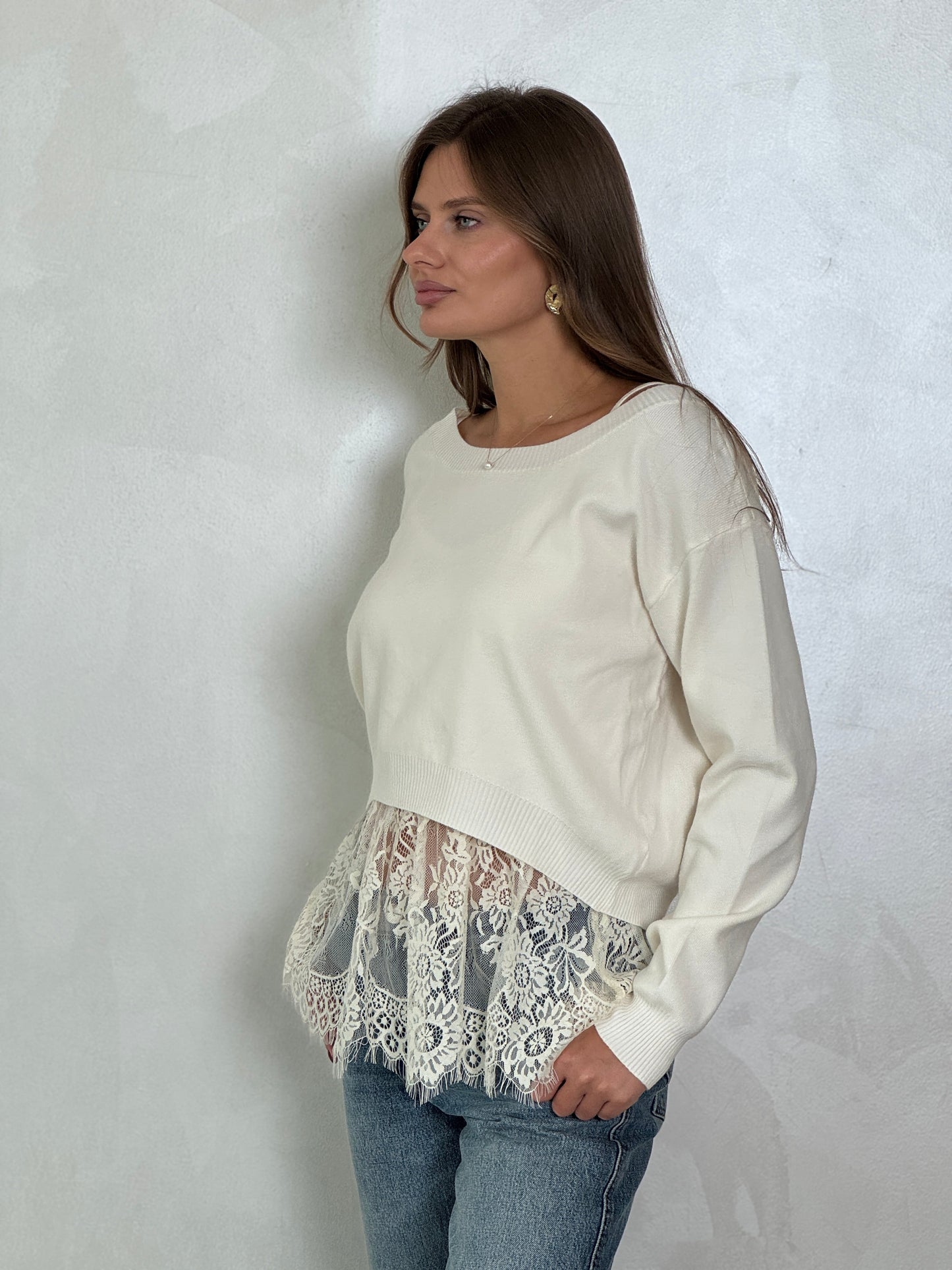 2 - Piece set Knit sweater with lace - trimmed cotton tank top inside - ROXO