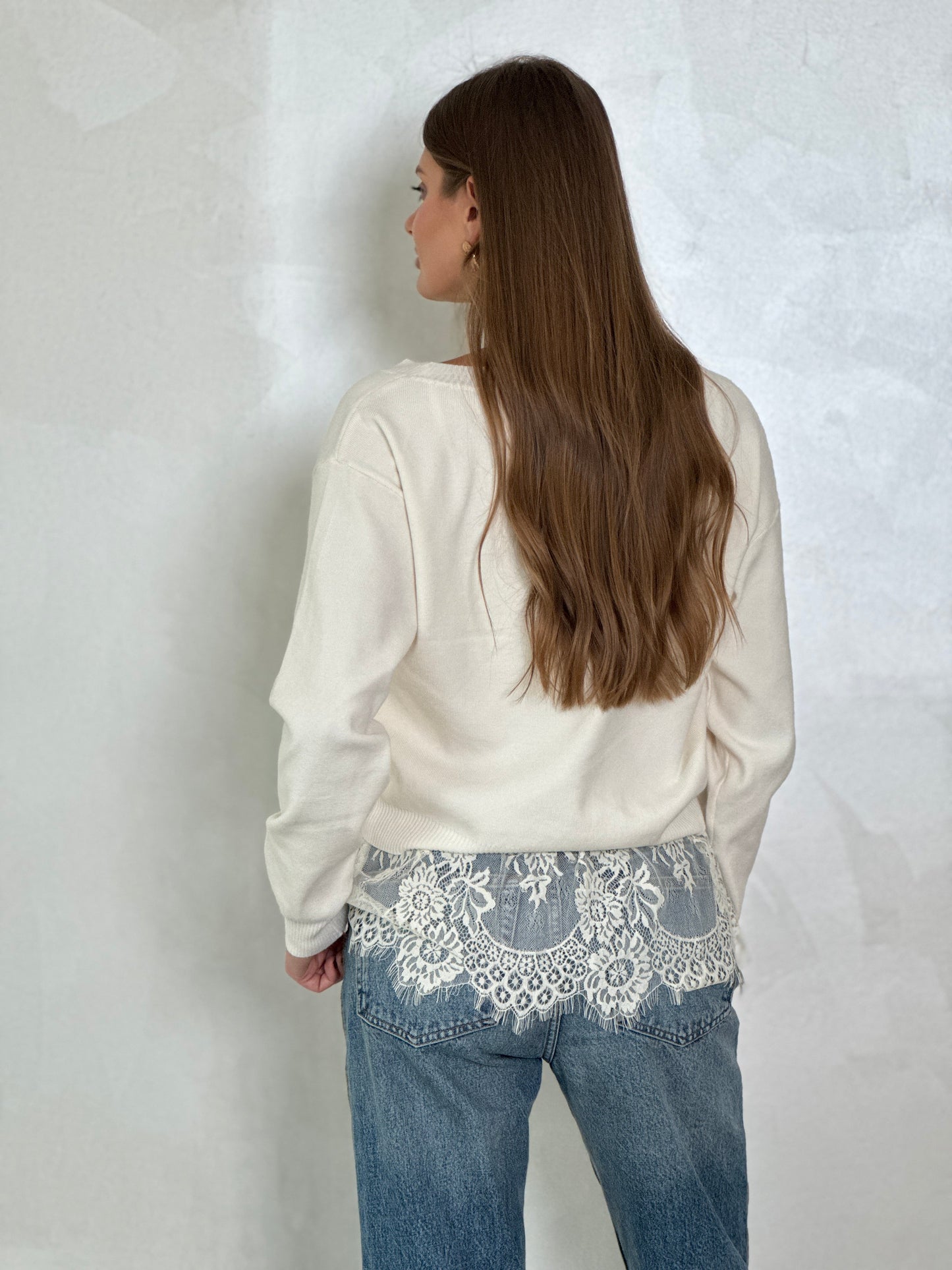 2 - Piece set Knit sweater with lace - trimmed cotton tank top inside - ROXO