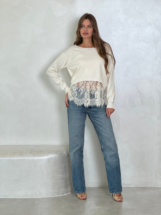 2 - Piece set Knit sweater with lace - trimmed cotton tank top inside - ROXO