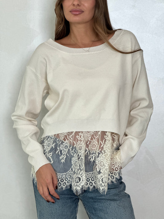 2 - Piece set Knit sweater with lace - trimmed cotton tank top inside - ROXO