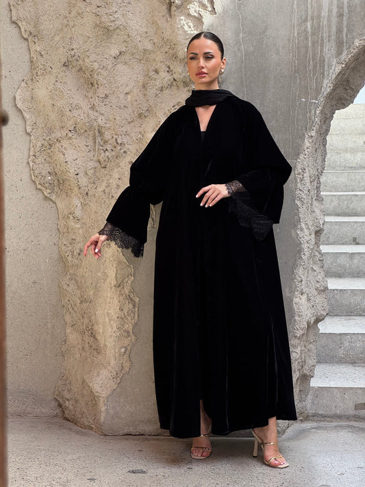 Big Sleeve Black Velvet Abaya - ROXO