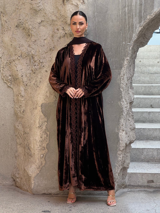 Brown Modern French Velvet Abaya - ROXO