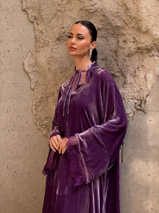 Dantel French Silk velvet kaftan in lilac color - ROXO
