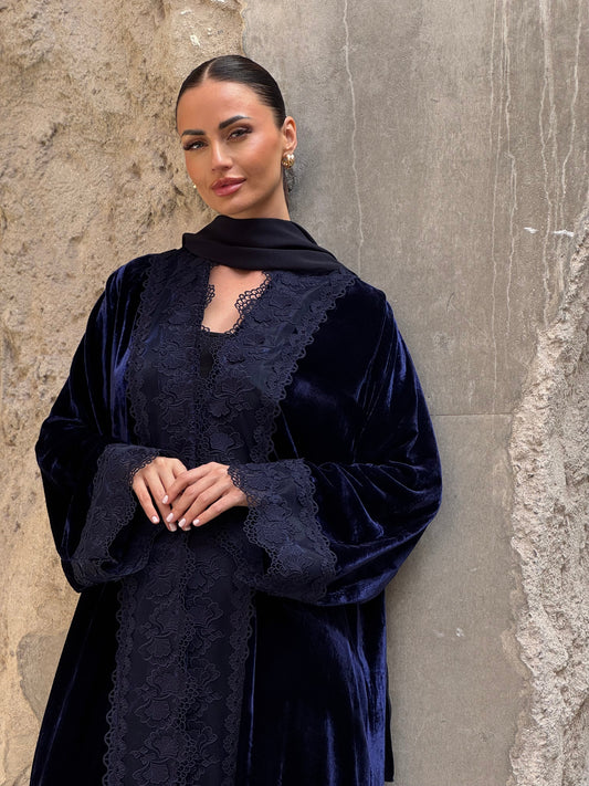 Navy Modern Dantel French Velvet Abaya - ROXO