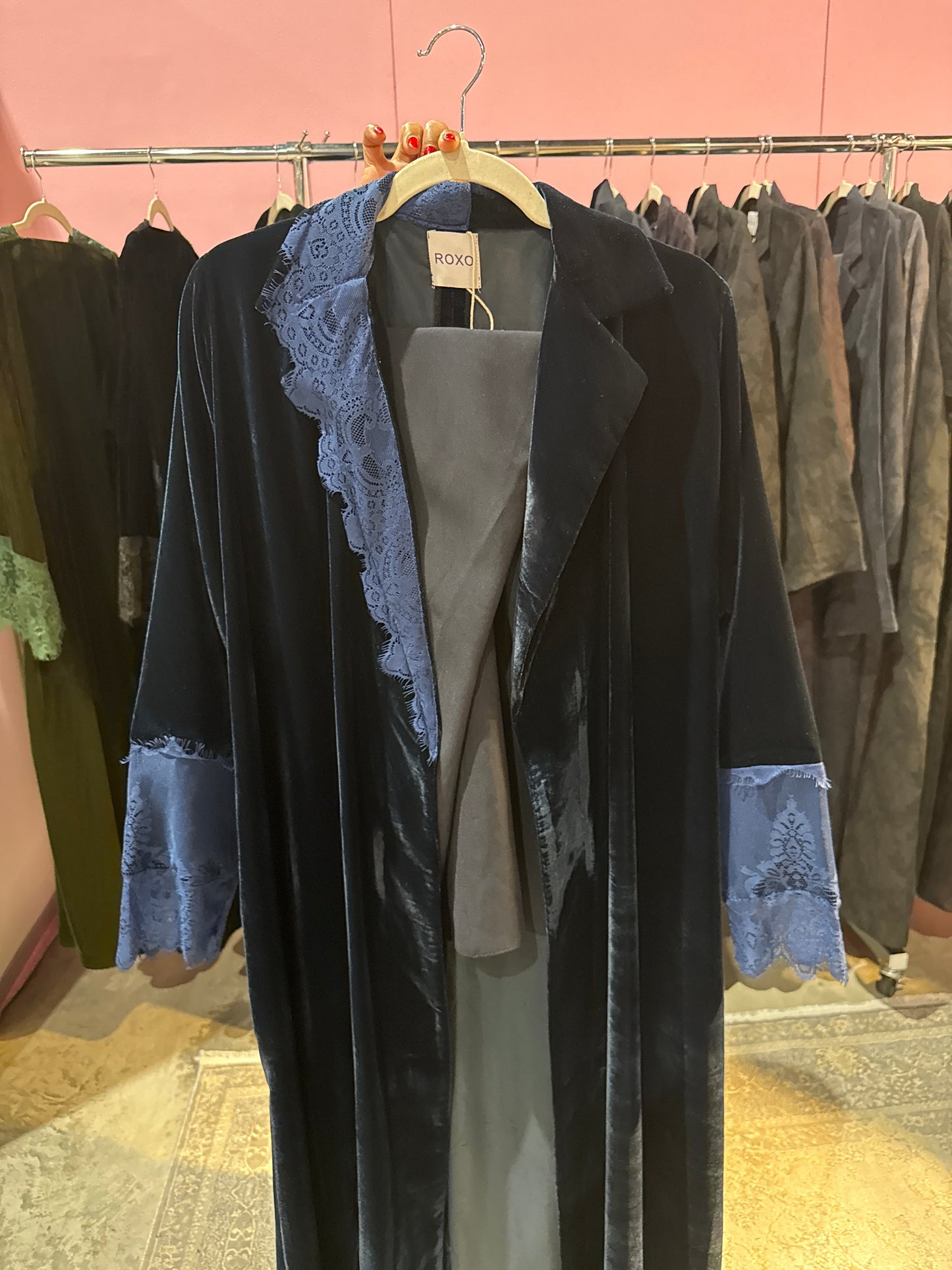 Navy Velvet Dantel Blazer Abaya - ROXO