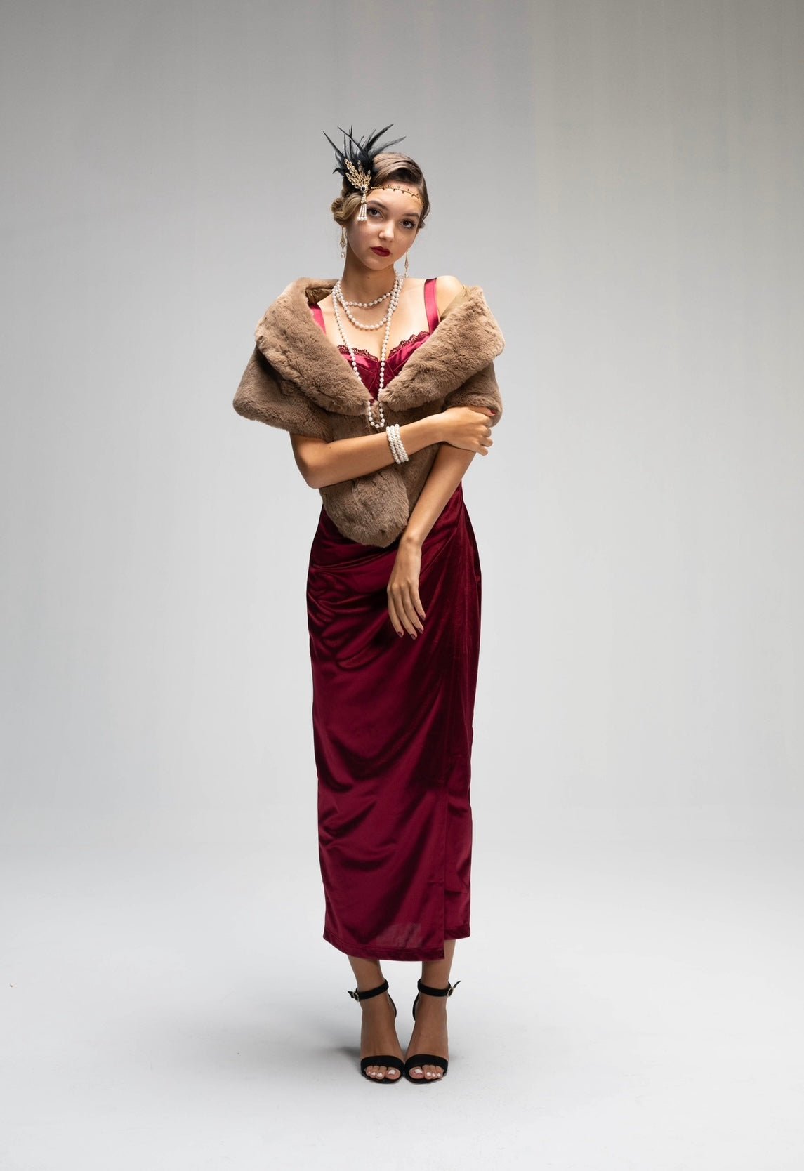 burgundy dress with fur shawl Miss Circle Jazmin Faux Fur Women Scarf