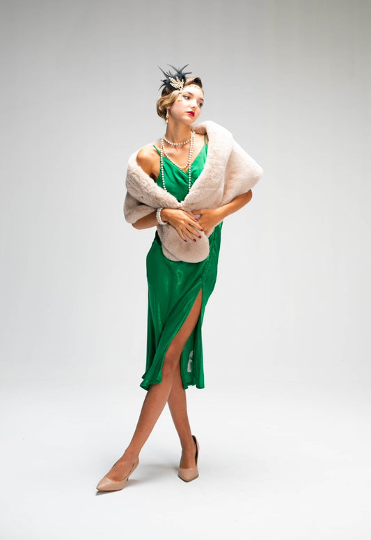 The Gatsby fur shawl in sand.