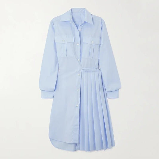 Formal pleated dress in blue.