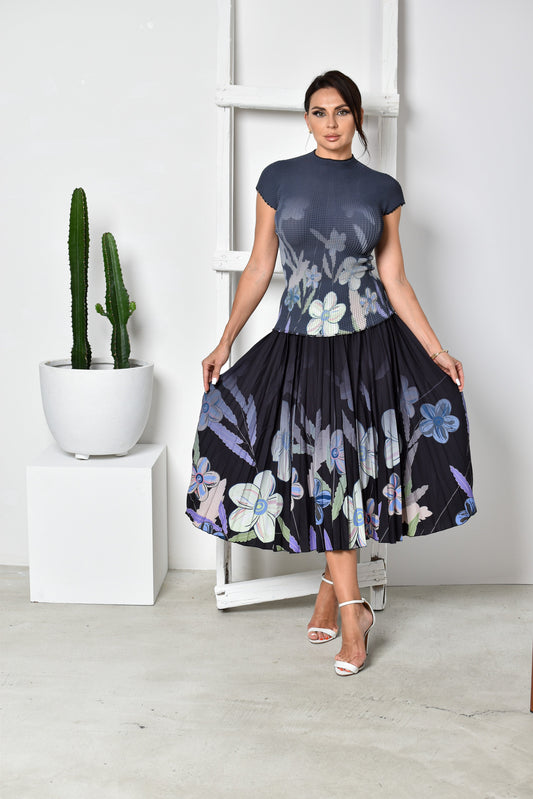 Black floral top & skirt set.