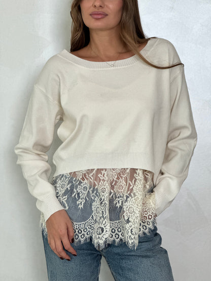 2 - Piece set Knit sweater with lace - trimmed cotton tank top inside - ROXO