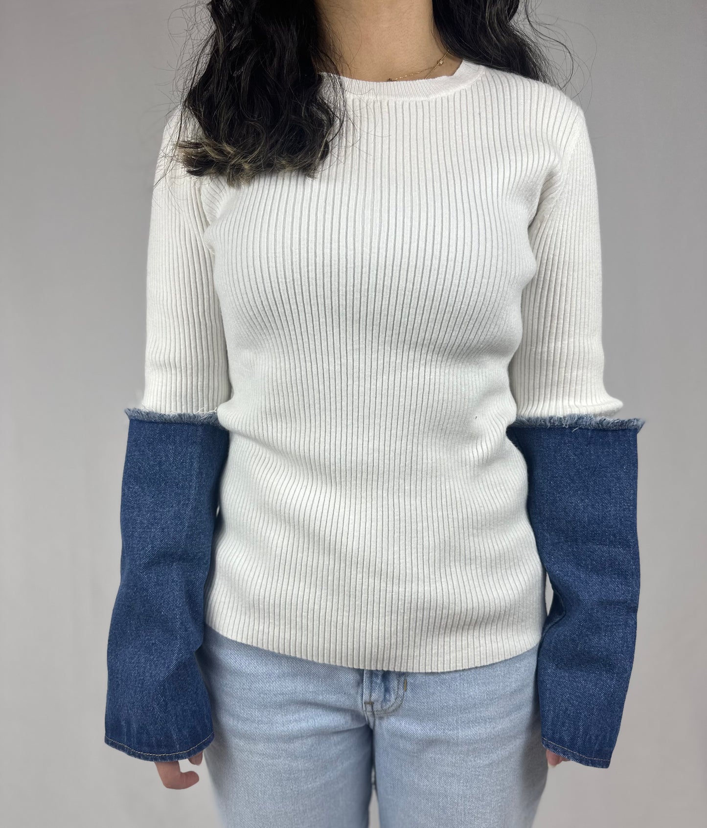 Denim sleeve sweater