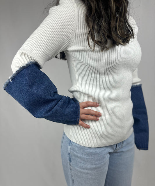 Denim sleeve sweater