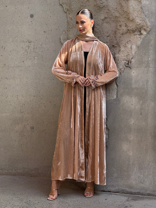Beige French Velvet Embridery Abaya - ROXO