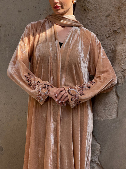 Beige French Velvet Embridery Abaya - ROXO