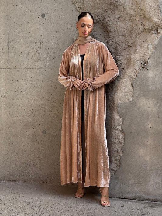 Beige French Velvet Embridery Abaya - ROXO