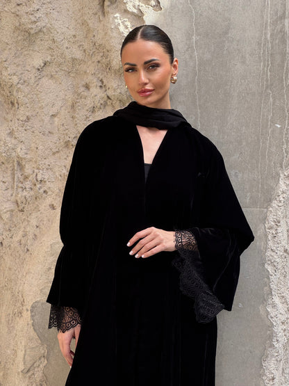 Big Sleeve Black Velvet Abaya - ROXO