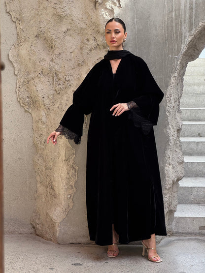Big Sleeve Black Velvet Abaya - ROXO
