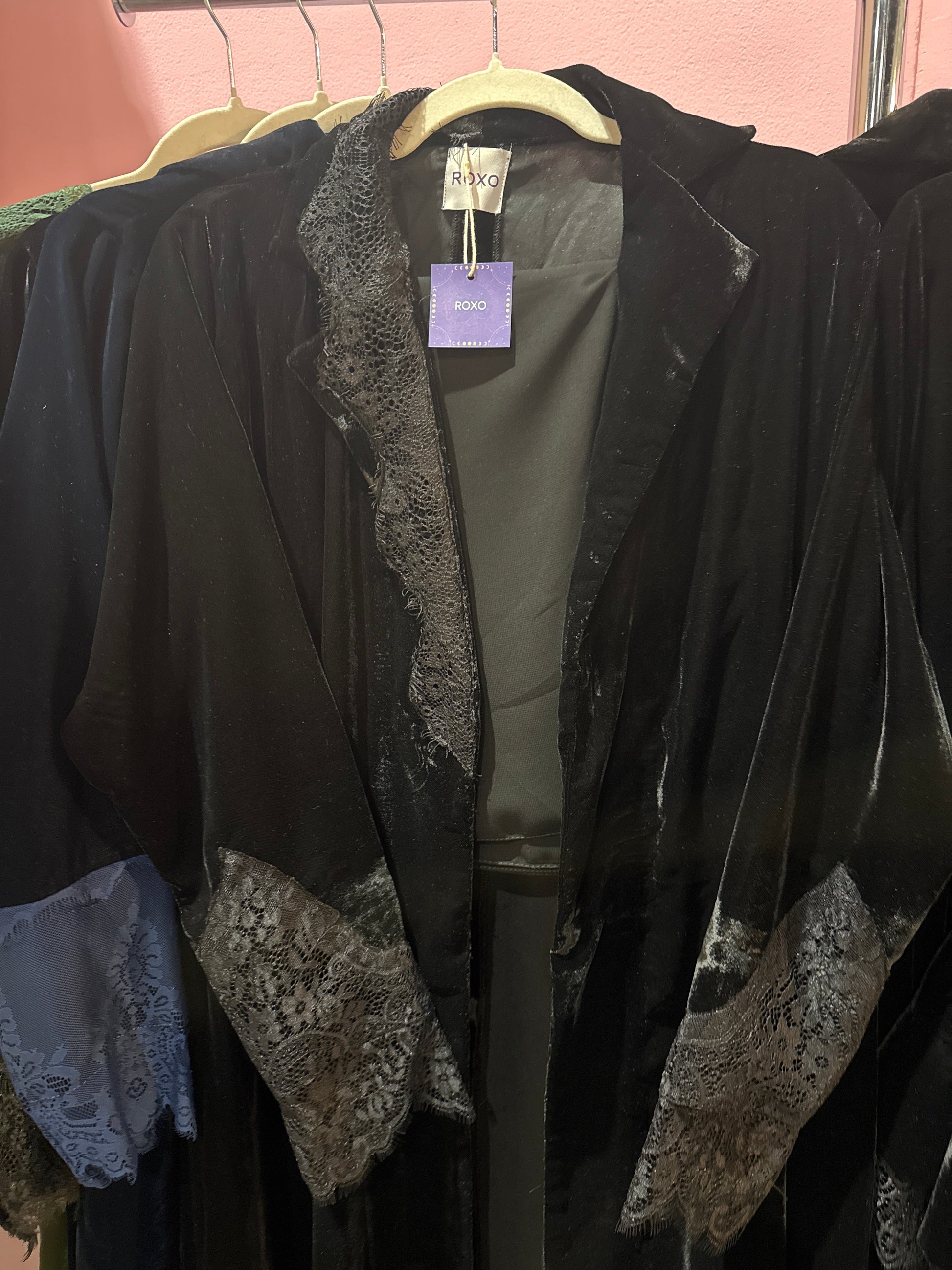 Black Velvet Dantel Blazer Abaya - ROXO