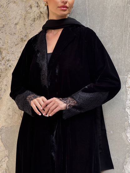 Black Velvet Dantel Blazer Abaya - ROXO