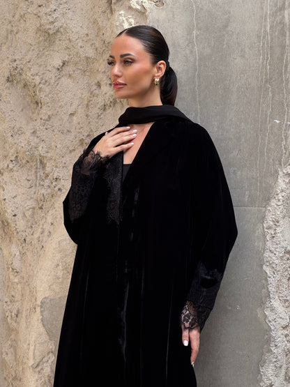 Black Velvet Dantel Blazer Abaya - ROXO