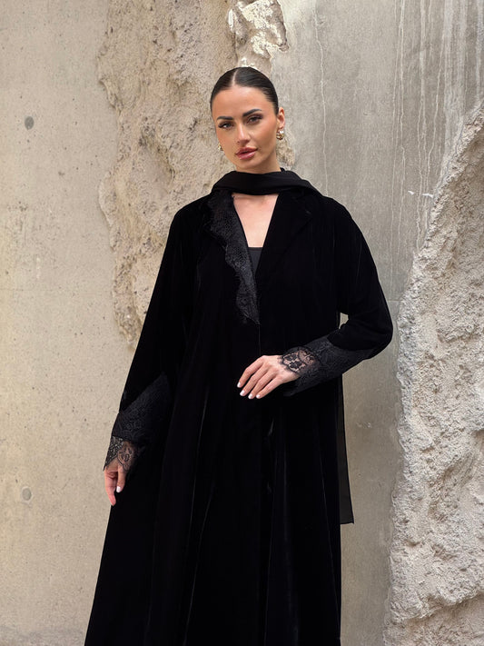Black Velvet Dantel Blazer Abaya - ROXO