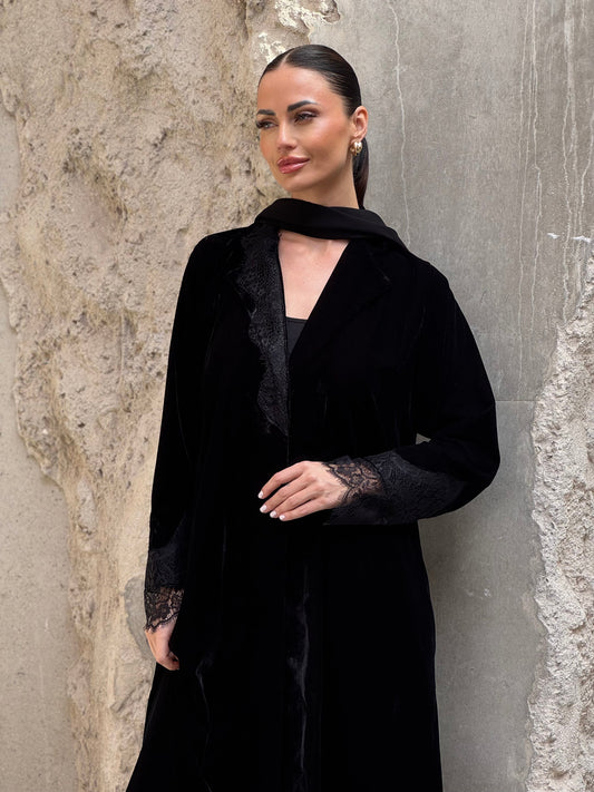 Black Velvet Dantel Blazer Abaya - ROXO