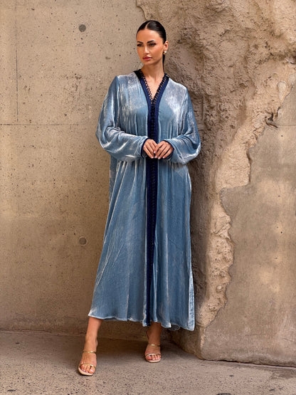 Blue Silk Velvet Moroccan Kaftan - ROXO