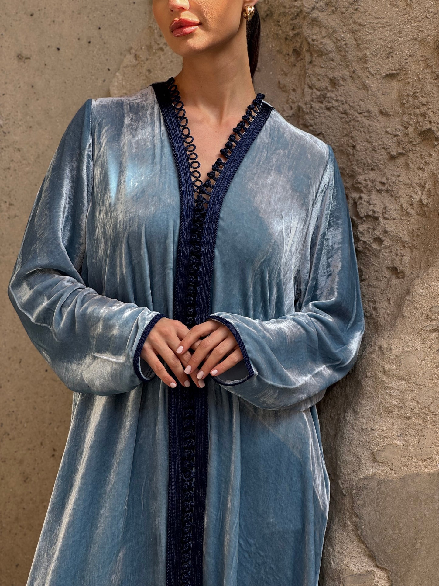 Blue Silk Velvet Moroccan Kaftan - ROXO