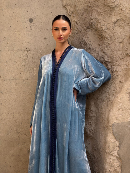 Blue Silk Velvet Moroccan Kaftan - ROXO