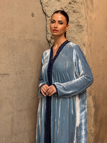 Blue Silk Velvet Moroccan Kaftan - ROXO