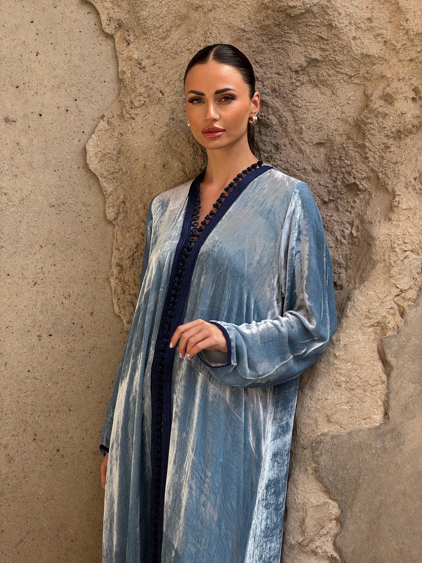 Blue Silk Velvet Moroccan Kaftan - ROXO