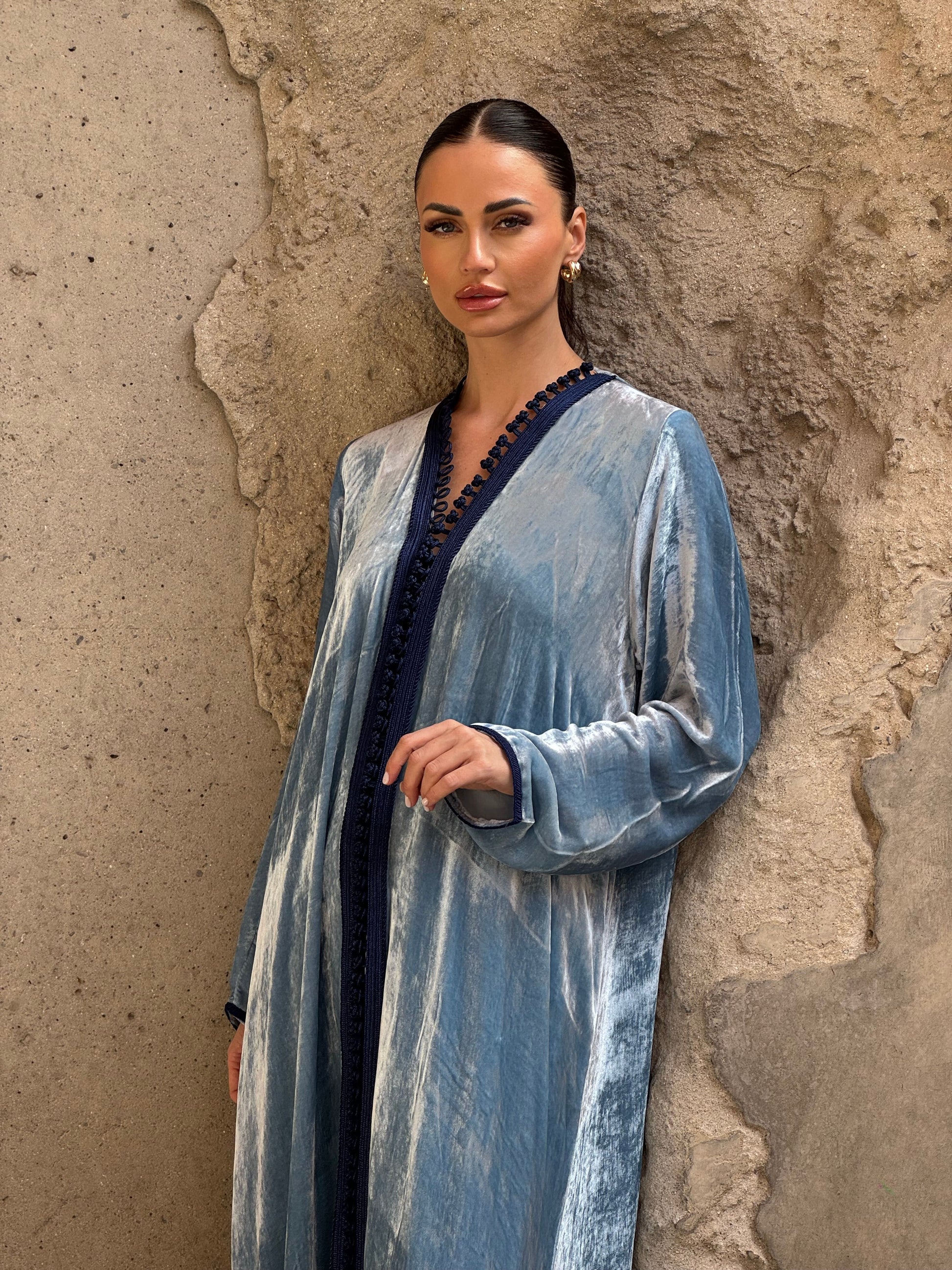 Blue Silk Velvet Moroccan Kaftan - ROXO