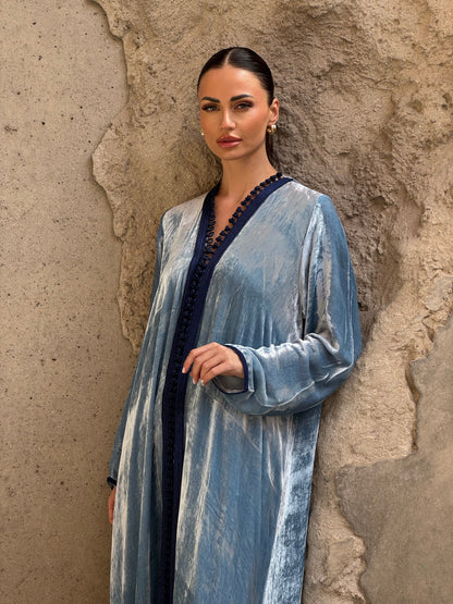 Blue Silk Velvet Moroccan Kaftan - ROXO