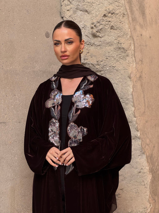 Brown French Velvet Embridery Abaya - ROXO