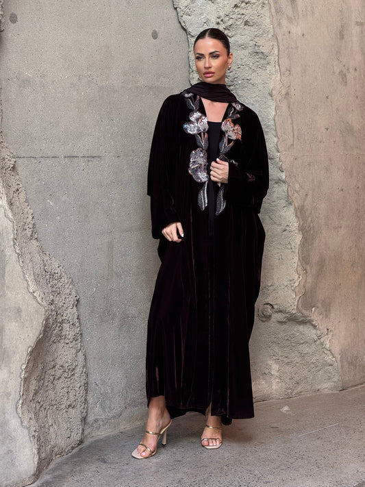 Brown French Velvet Embridery Abaya - ROXO
