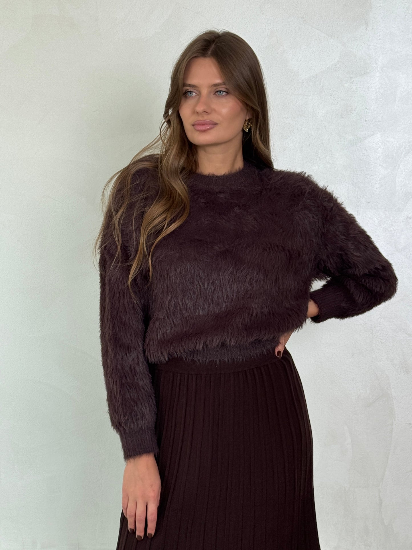 Brown Knit Pleated skirt - ROXO