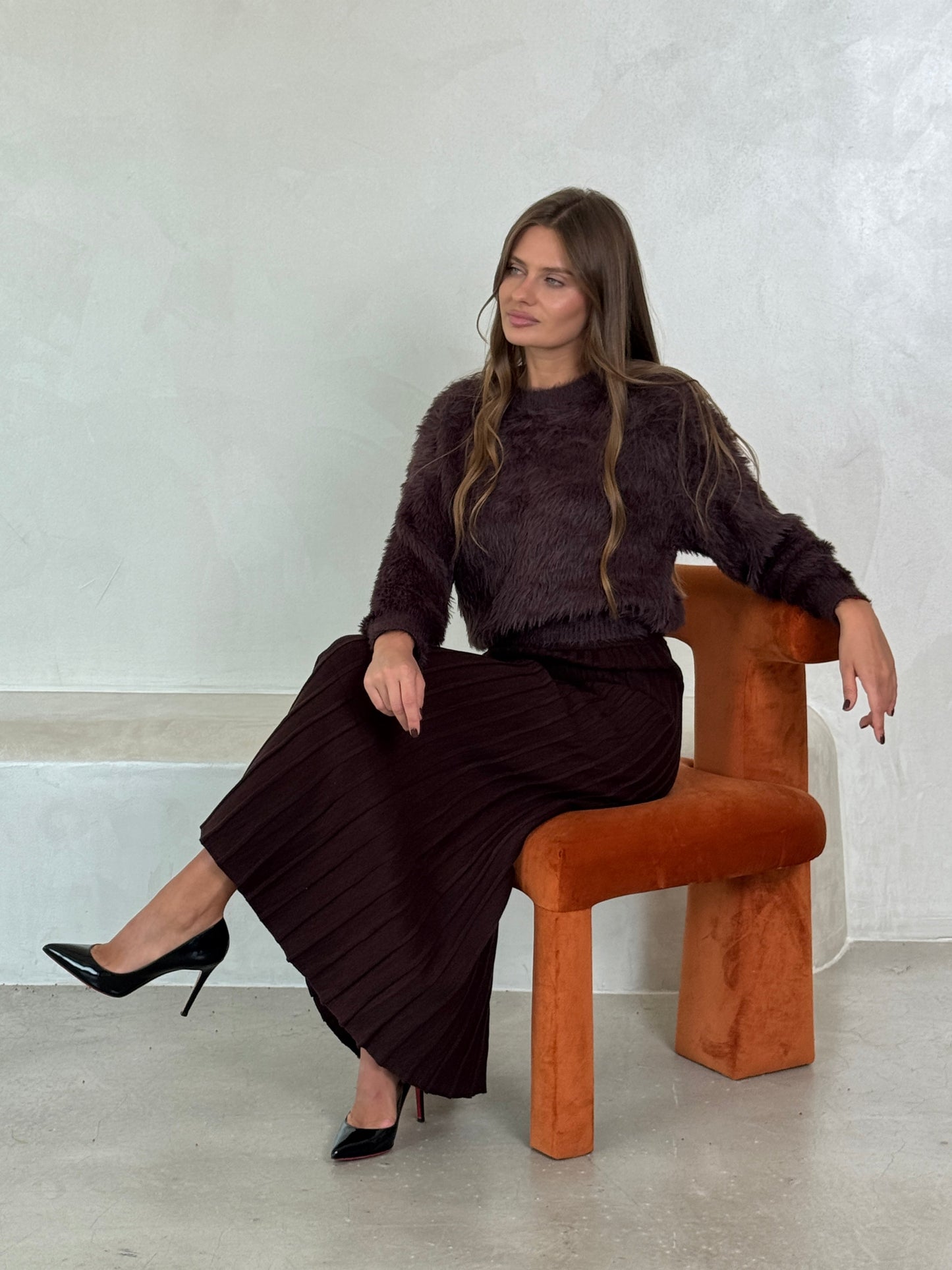 Brown Knit Pleated skirt - ROXO