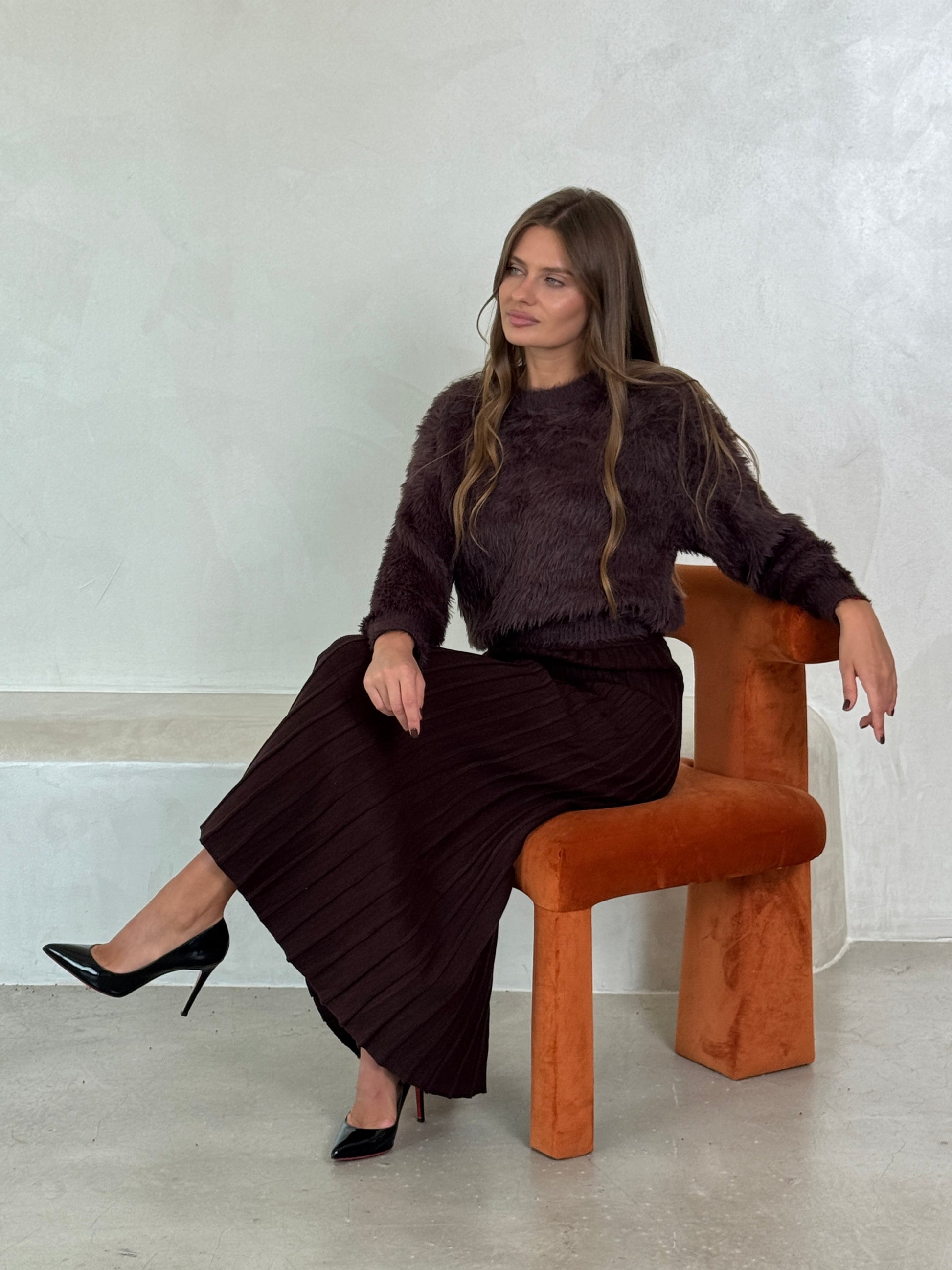 Brown Knit Pleated skirt - ROXO