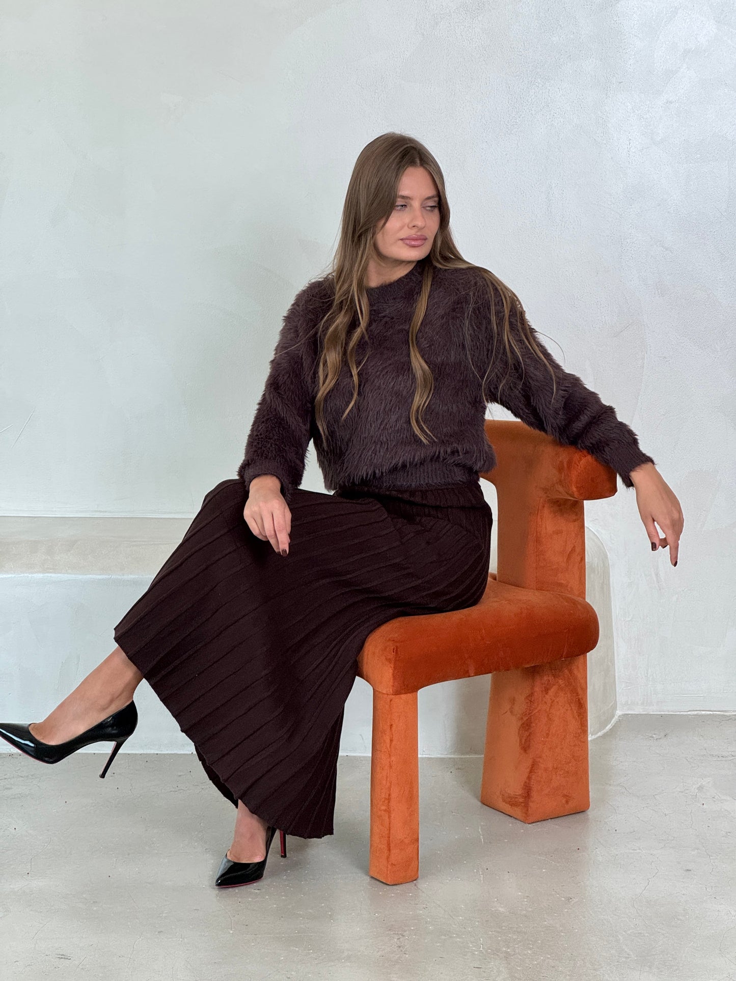 Brown Knit Pleated skirt - ROXO