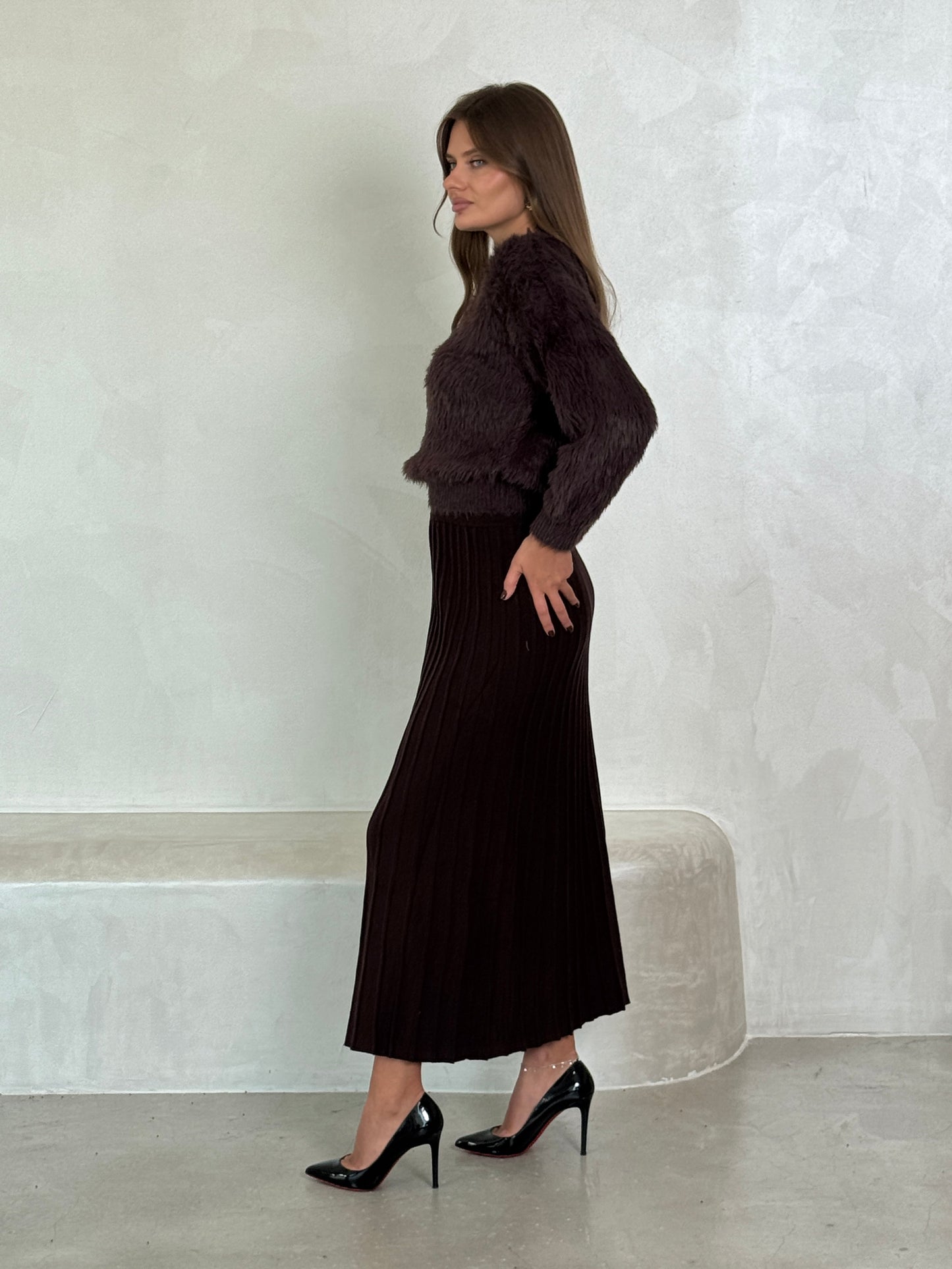 Brown Knit Pleated skirt - ROXO
