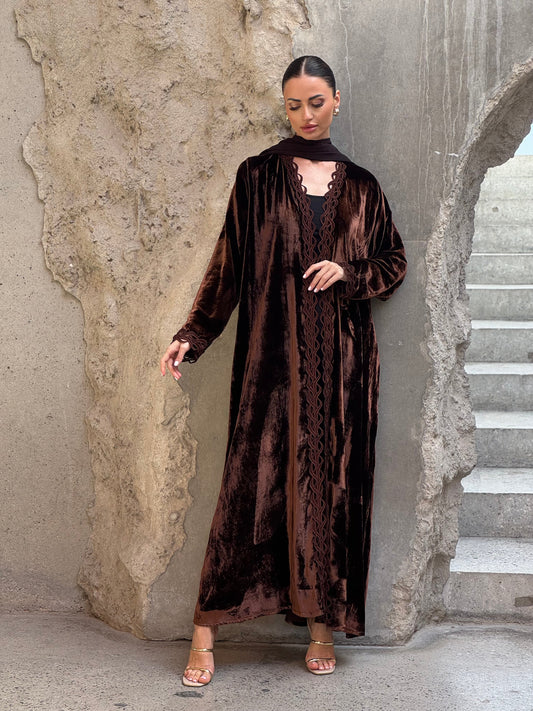Brown Modern French Velvet Abaya - ROXO
