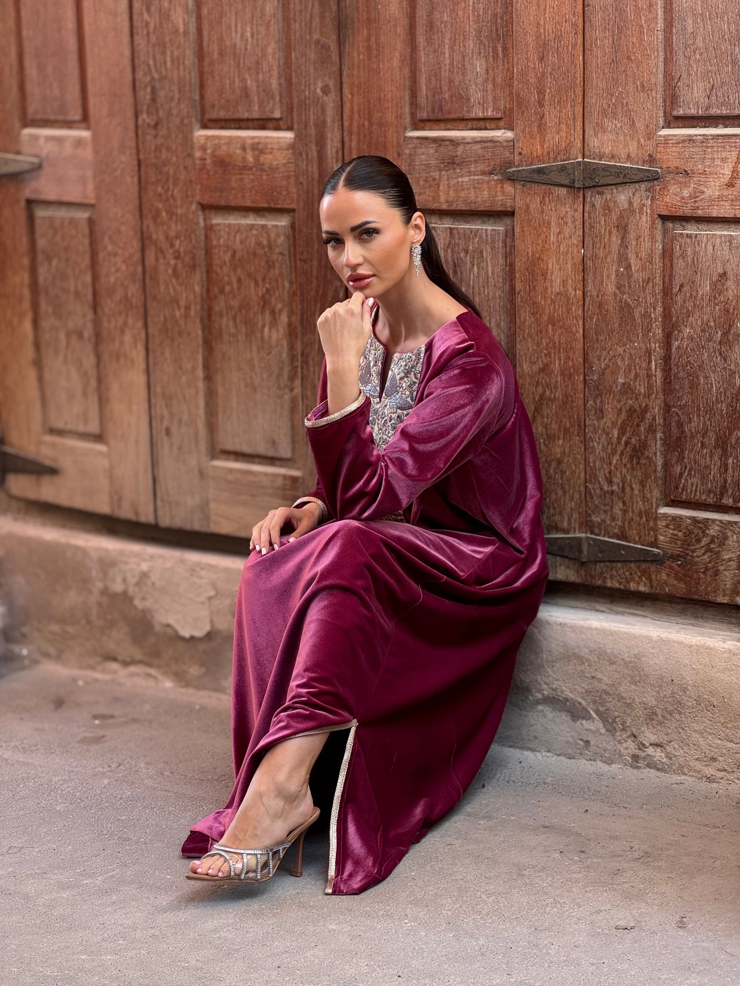 Butterflies Velvet Kaftan - ROXO