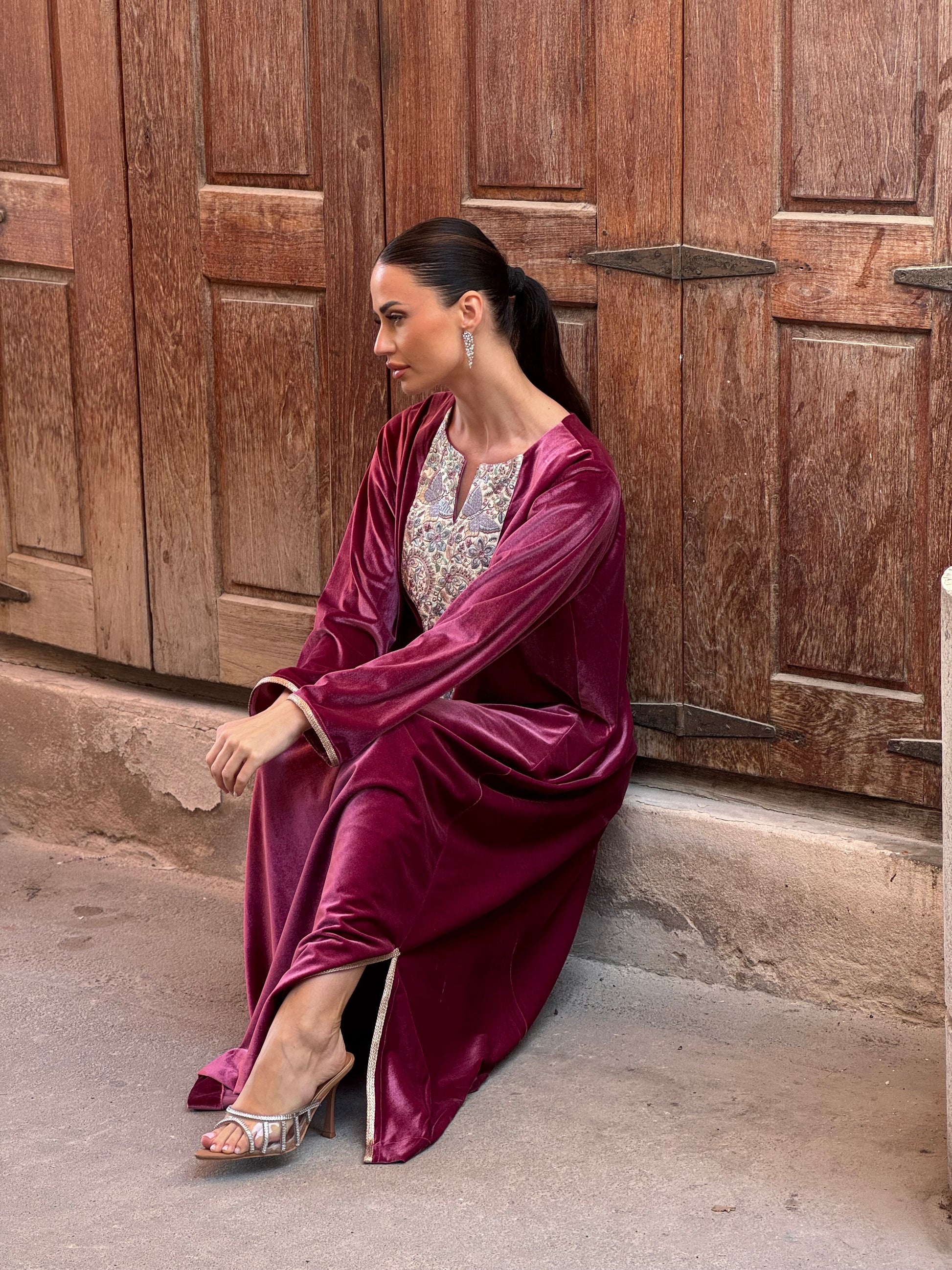 Butterflies Velvet Kaftan - ROXO