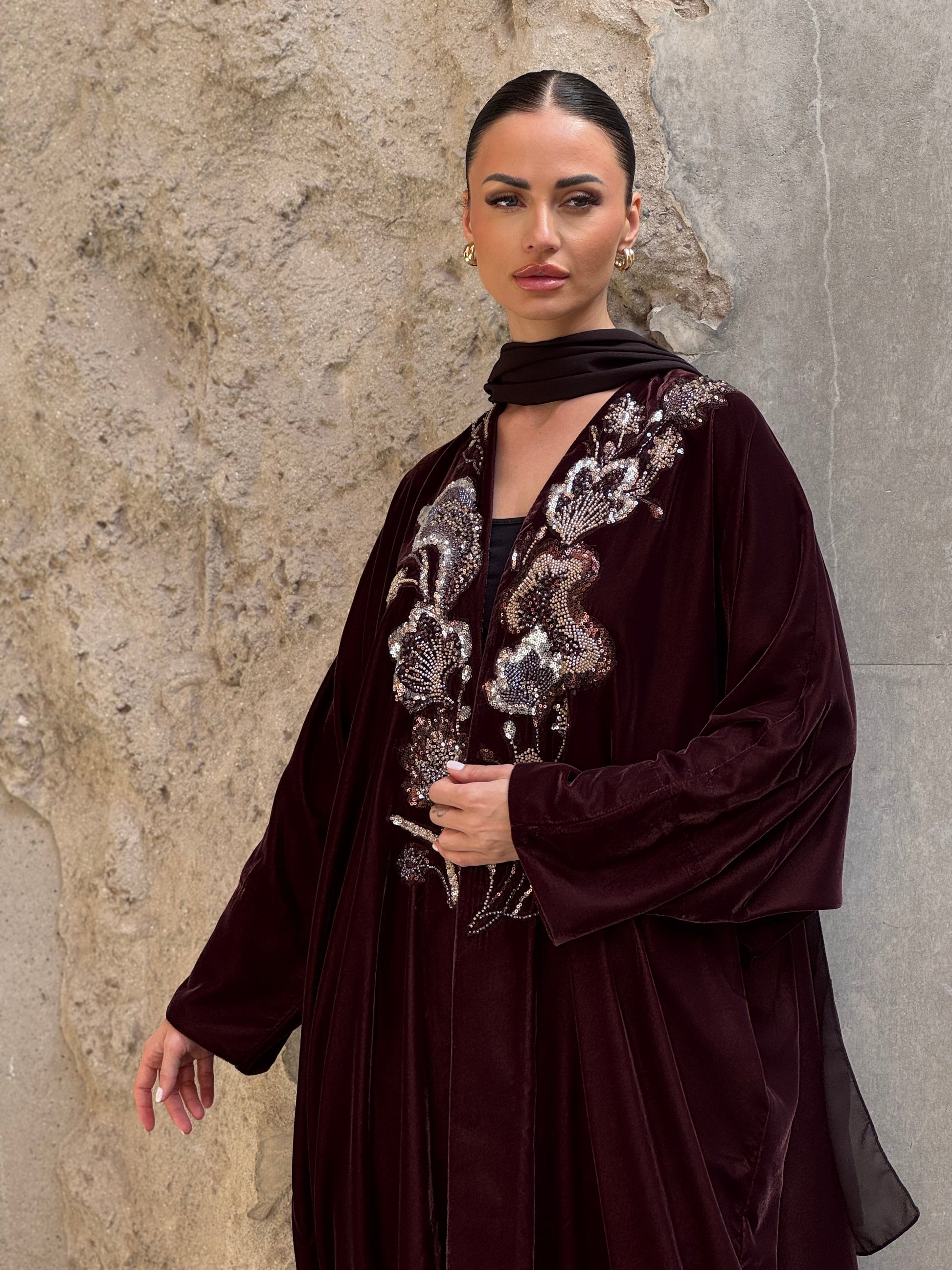 Copper French Velvet Embridery Abaya - ROXO