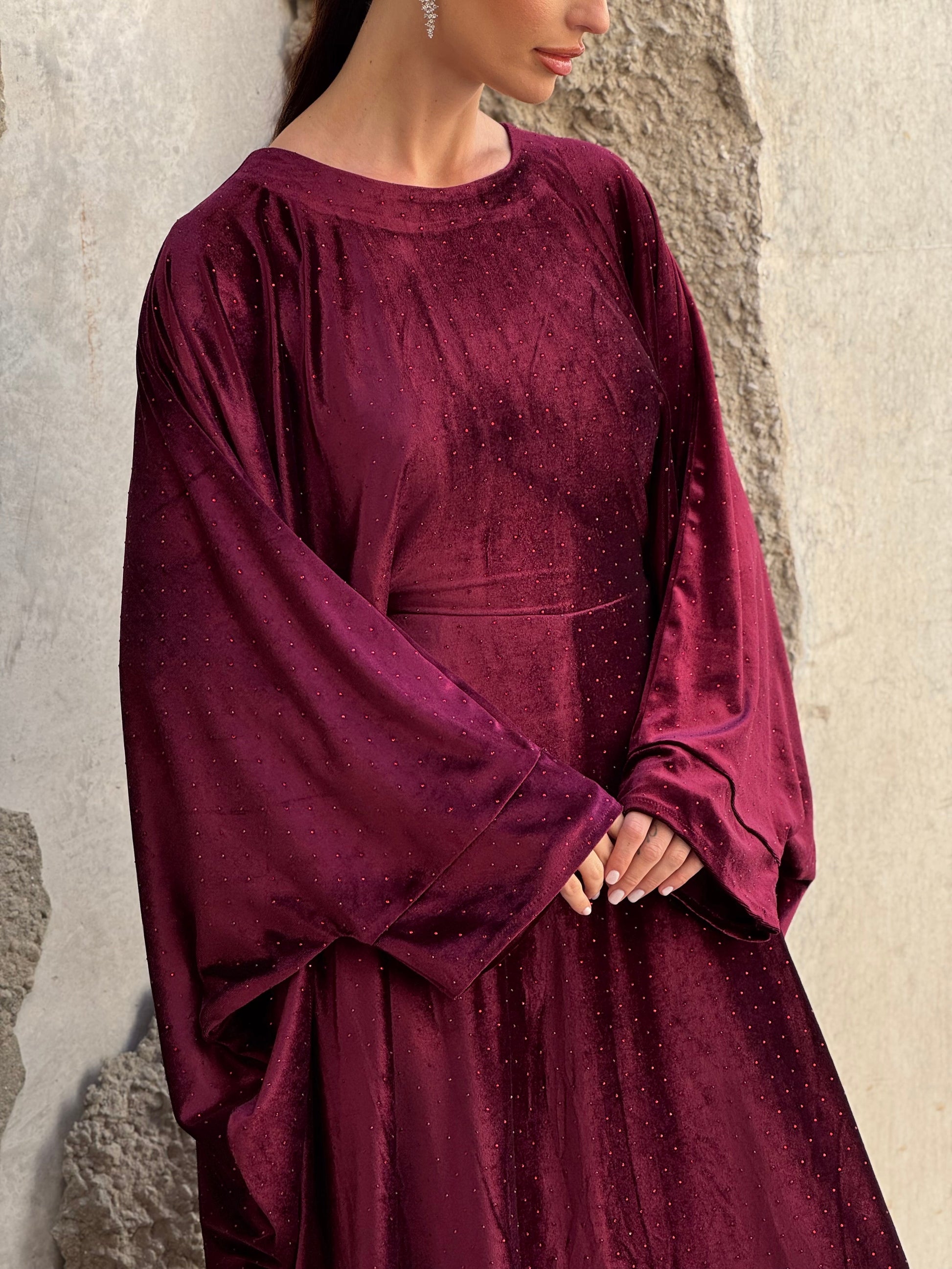 Crystals velvet kaftan in maroon - ROXO