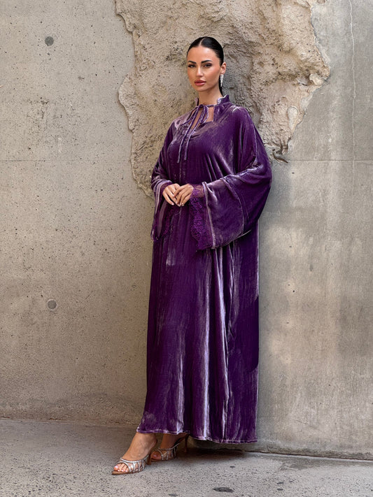 Dantel French Silk velvet kaftan in lilac color - ROXO