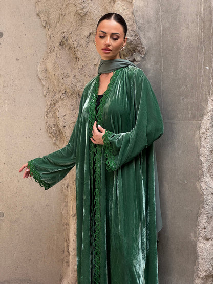 Green Modern French Velvet Abaya - ROXO