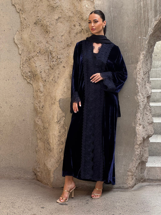 Navy Modern Dantel French Velvet Abaya - ROXO